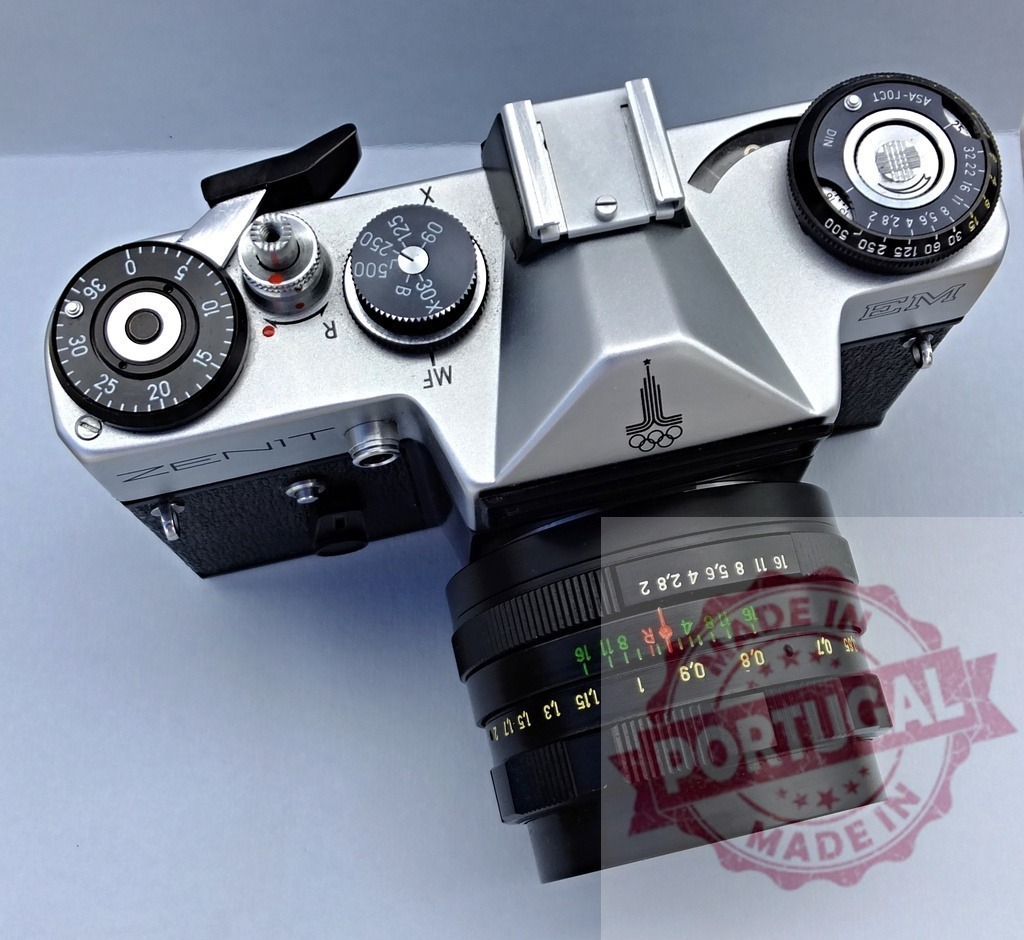 Zenit EM camera 1980 Moscow Olympics edition | Vintage Zenit EM SLR film camera with 1980 Moscow Olympics logo - Realized with Pictrs.com