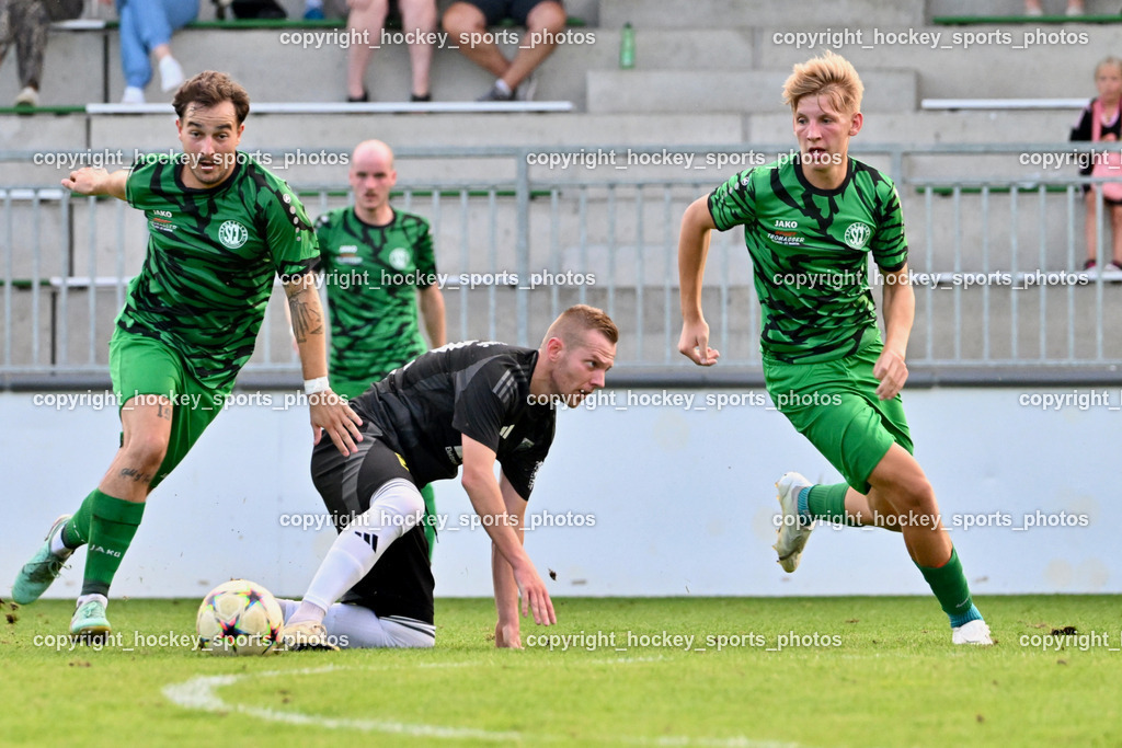 SC Landskron vs. Thal Assling  | #10 Nemanja Lukic SC Landskron, #72 Jasmin Dindic Thal Assling, #23 Jonas Jakob Armin Steinwender SC Landskron, SC Landskron vs. Thal Assling , SC Landskron vs. Thal Assling  am 09.08.2024 in Villach (Sportanlage Landskron), Austria, (Photo by Bernd Stefan)