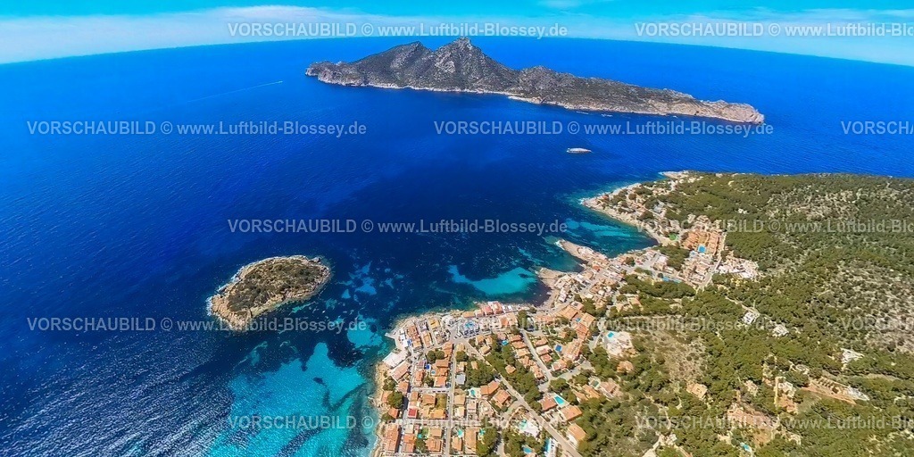Mallorca230400048Insta003SantElm | Luftbild, Isla Dragonera, Dracheninsel, Erdkugel, Fisheye Aufnahme, Fischaugen Aufnahme, 360 Grad Aufnahme, Sant Elm, Andratx, Balearen, Mallorca, Balearische Inseln, Spanien