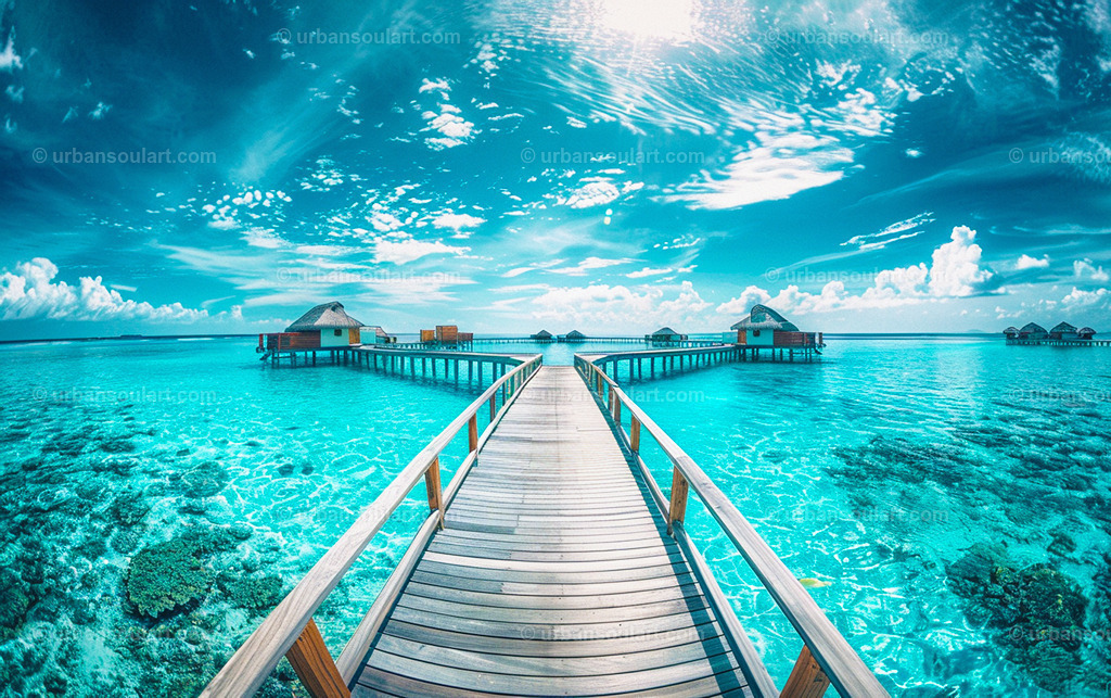 Maldives Wooden Bridge Leads To Over Water Huts | A tropical paradise with a wooden bridge stretching toward overwater huts in crystal-clear blue waters. Ideal for evoking vacation vibes and adding tranquility to your decor. - Realisiert mit Pictrs.com