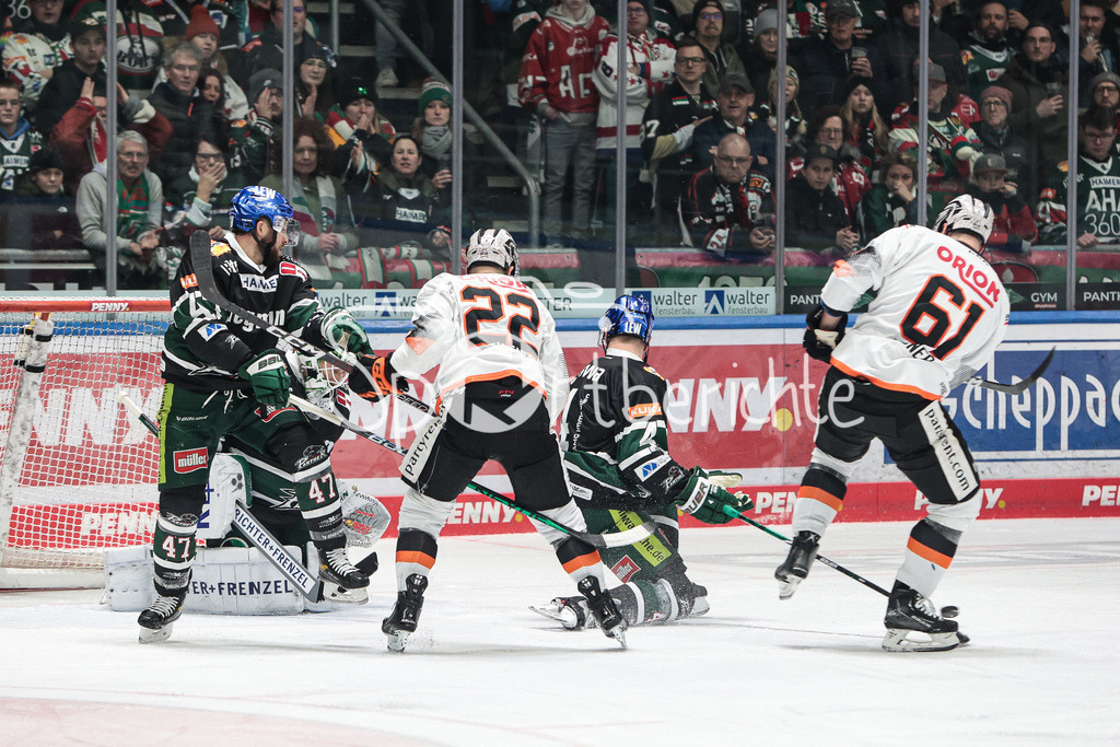 Augsburger Panther - Loewen Frankfurt | David ELSNER (FRA #61) versucht in Szene Dennis ENDRAS (AEV #44) zu ueberwinden