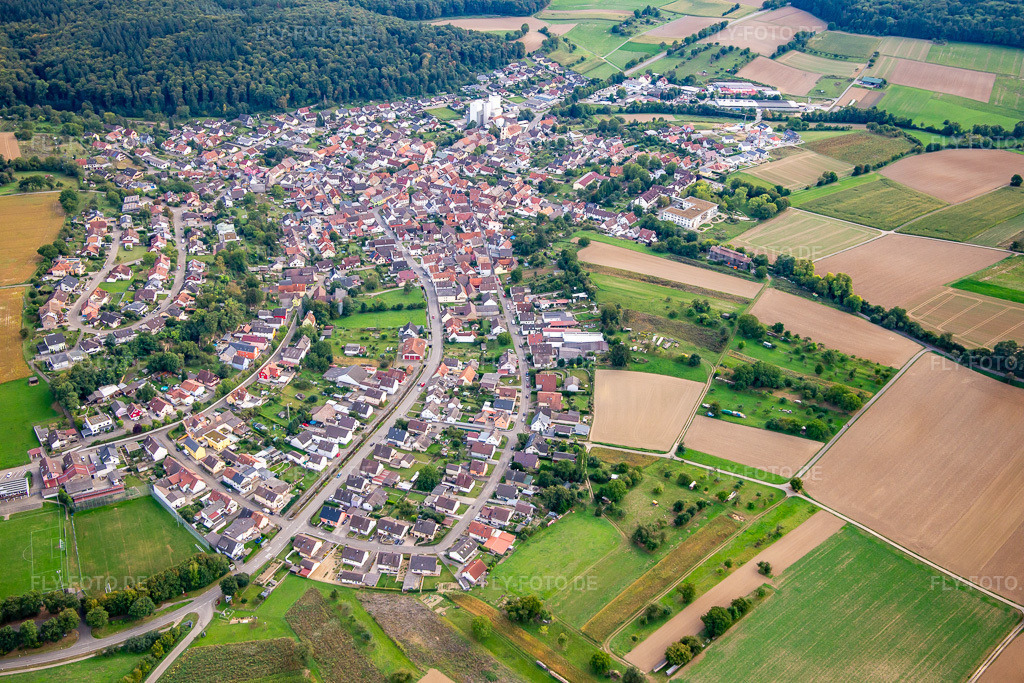 Luftbild: Ortsansicht von Norden im Ortsteil Neibsheim in Bretten im Bundesland Baden-Württemberg in Deutschland. Foto: IMG_138723.jpg vom 16.09.2023 durch Werner Riehm/FLY-FOTO.de