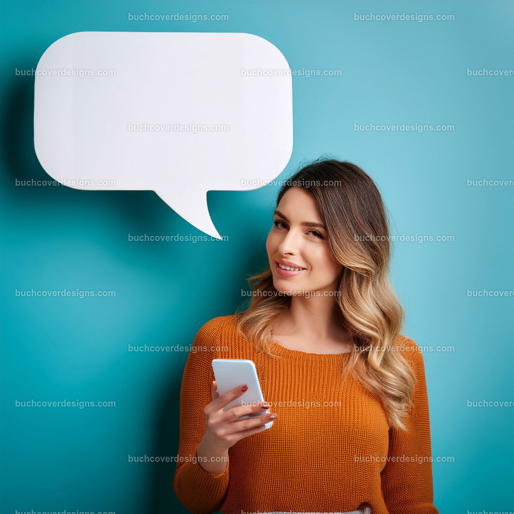 frau mit Mobile Telefon und Sprechblase (31) | Entdecken Sie kreative Buch Cover Designs für Self-Publishing-Autoren und Verlage! Unsere maßgeschneiderten Designs ziehen Leser an und bringen Ihre Geschichten visuell zum Leben. Lassen Sie uns Ihr perfektes Cover gestalten!