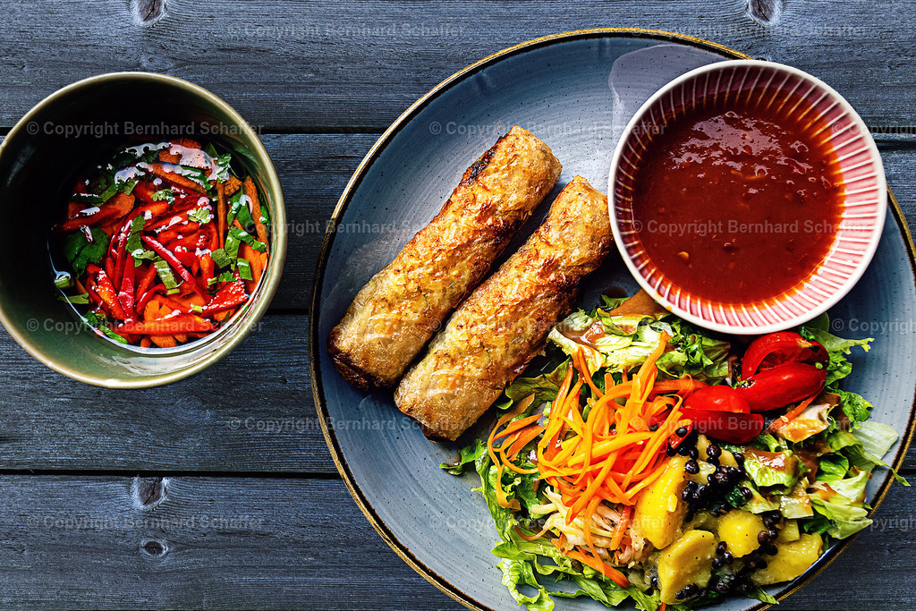 Thai Food mit Frühlingsrollen | Thailändisches Gericht mit Salat, Saucen und Frühlingsrollen. - Realisiert mit Pictrs.com