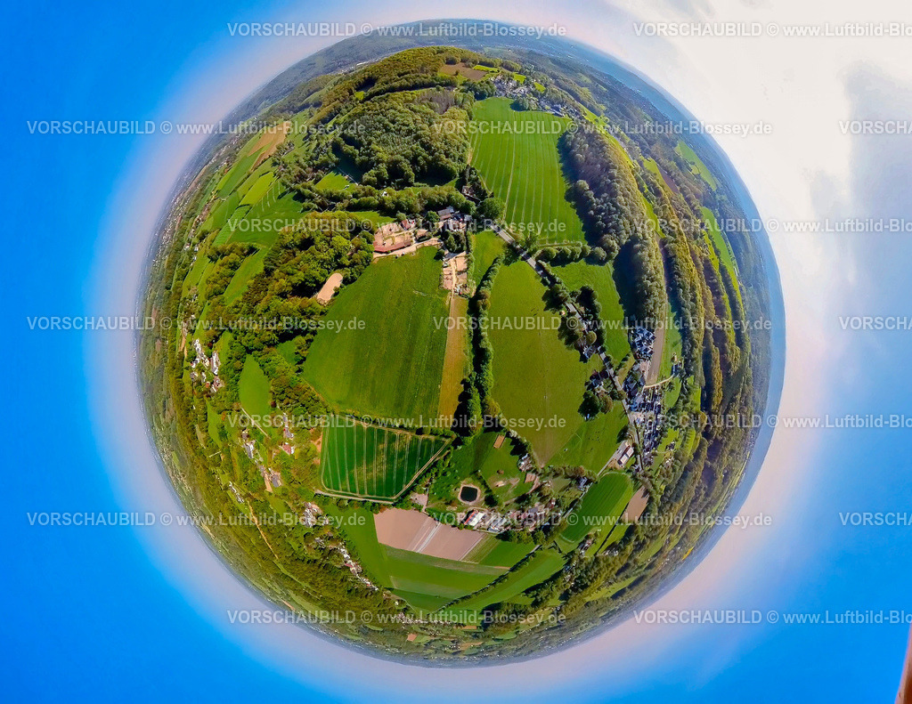 Wetter240590208HofSackern_Wengern | Luftbild, Ortsteil Vosshöven waldreiche Wiesen und Felder, Schmalenbeck Landwirtschaftsbetrieb, unten der Demeter Hof Sackern, Erdkugel, Fisheye Aufnahme, Fischaugen Aufnahme, 360 Grad Aufnahme, tiny world, little planet, fisheye Bild, Wengern, Wetter, Ruhrgebiet, Nordrhein-Westfalen, Deutschland