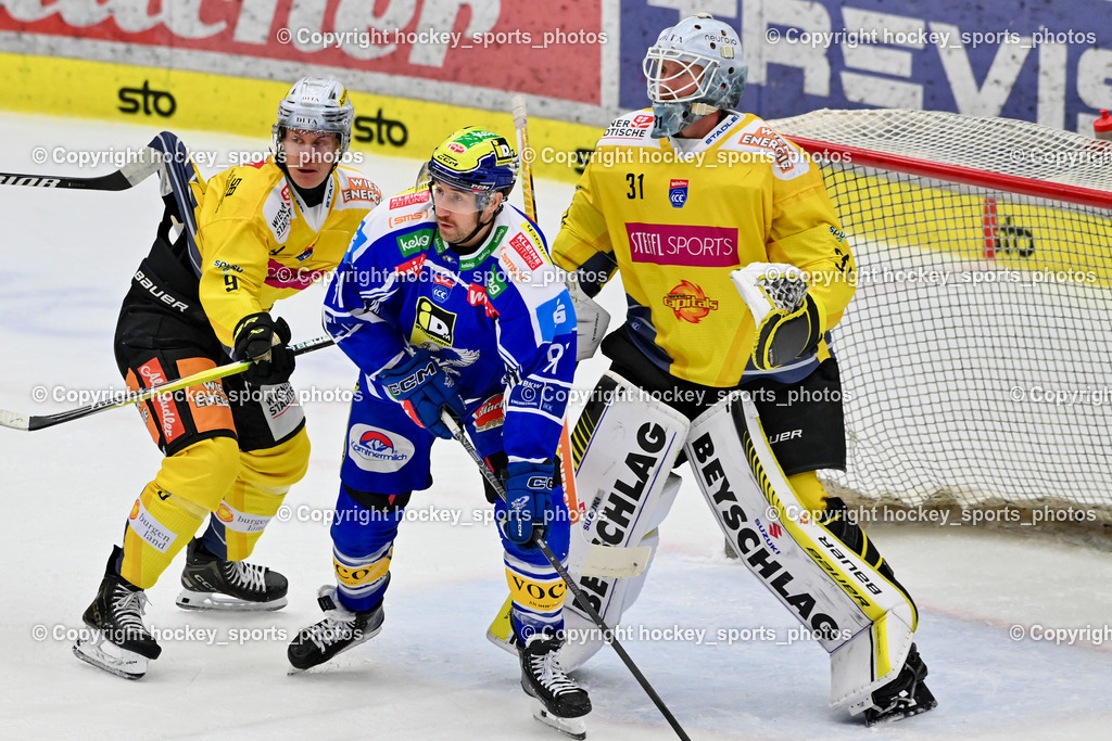 EC IDM WÄRMEPUMPEN VSV vs. Vienna Capitals | #31 Evan Cowley Vienna Capitals, #91 Nick Hutchison EC VSV, #9 Leon Wallner Vienna Capitals, EC IDM WÄRMEPUMPEN VSV vs. Vienna Capitals, EC IDM WÄRMEPUMPEN VSV vs. Vienna Capitals am 16.11.2025 in Villach (Stadthalle Villach), Austria, (Photo by Bernd Stefan)