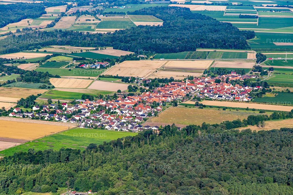 Luftbild: Ortsansicht von Nordosten in Erlenbach bei Kandel im Bundesland Rheinland-Pfalz in Deutschland. Foto: IMG_142548.jpg vom 09.07.2024 durch Werner Riehm/FLY-FOTO.de