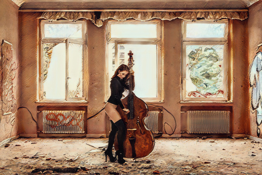 "Sound of Seduction" | In a room marked by the passage of time, a woman stands beside a double bass, her presence blending elegance with a hint of rebellion. Warm earthy tones, weathered walls and soft daylight create an intriguing contrast between beauty and decay. A scene where music, sensuality and forgotten spaces come together in a captivating visual harmony. - Realisiert mit Pictrs.com