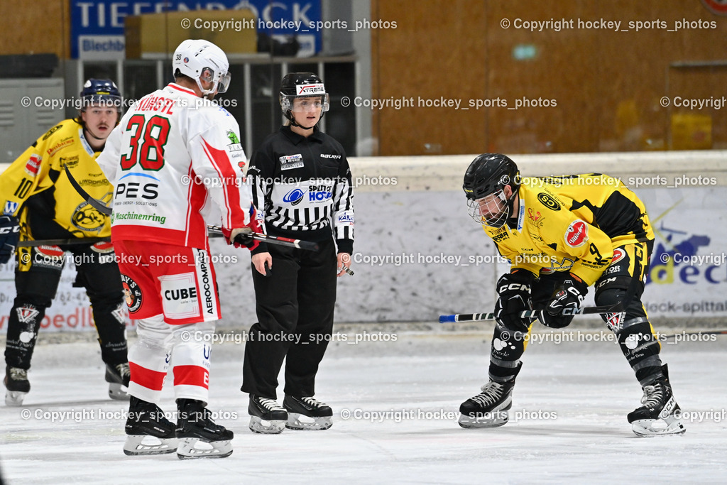 EC Spittal Hornets vs. ESV Ferlach 16.12.2023 | #38 Künstl Kevin, Klemm Anja Referee, #9 Essmann Kevin