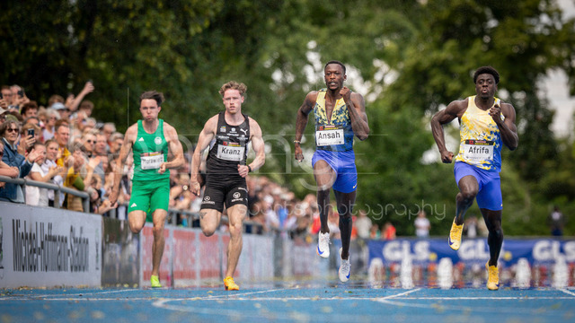 Elite Meeting; Mannheim, 14.06.2026 | MANNHEIM, GERMANY - JUNE 14, 2026 : Tobias Morawietz (GER/VfL Wolfsburg), Kevin Kranz (GER/Sprintteam Wetzlar), Owen Ansah (GER/Hamburger SV) , afrifa+ competing in the men’s 100m during the Elite Meeting at Michael-Hoffmann-Stadion on June 14, 2026 in Mannheim, Germany.