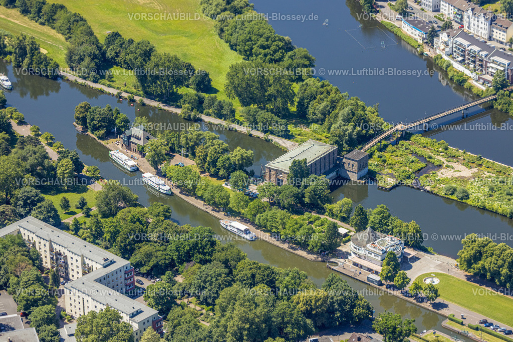 Muelheim230703821 | Luftbild, Schleuseninsel, Wasserkraftwerk Kahlenberg, Restaurant Wasserbahnhof mit Anlegestelle Weisse Flotte, Altstadt I - Südwest, Mülheim an der Ruhr, Ruhrgebiet, Nordrhein-Westfalen, Deutschland