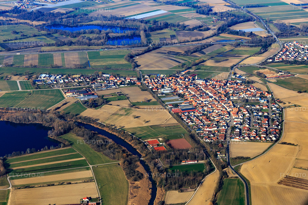 Luftbild: Dorfübersicht aus Osten in Neupotz im Bundesland Rheinland-Pfalz in Deutschland. Foto: IMG_125705.jpg vom 02.03.2021 durch Werner Riehm/FLY-FOTO.de
