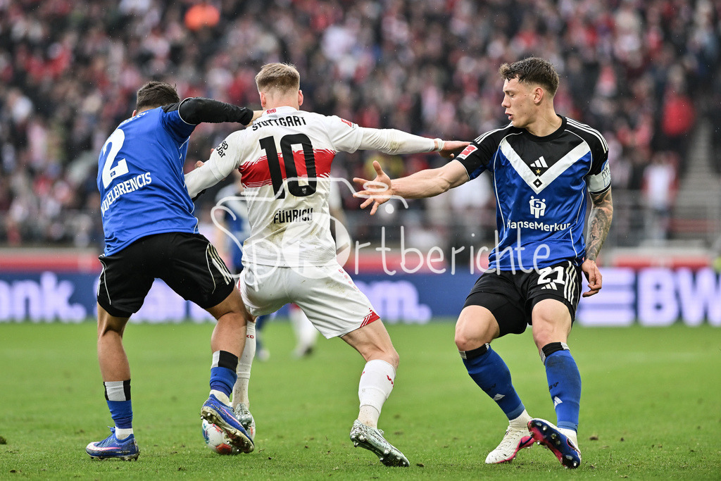 VfB Stuttgart - Hamburger SV | STUTTGART, GERMANY - 12. APRIL: tackle between William MIKELBRENCIS (Hamburger SV 2) and Chris FÜHRICH (VfB Stuttgart 10) and Nicolai REMBERG (Hamburger SV 21) during the Bundesliga Match between VfB Stuttgart vs. Hamburger SV on Matchday 29 at MHP Arena / DFL REGULATIONS PROHIBIT ANY USE OF PHOTOGRAPHS AS IMAGE SEQUENCES AND/OR QUASI-VIDEO
