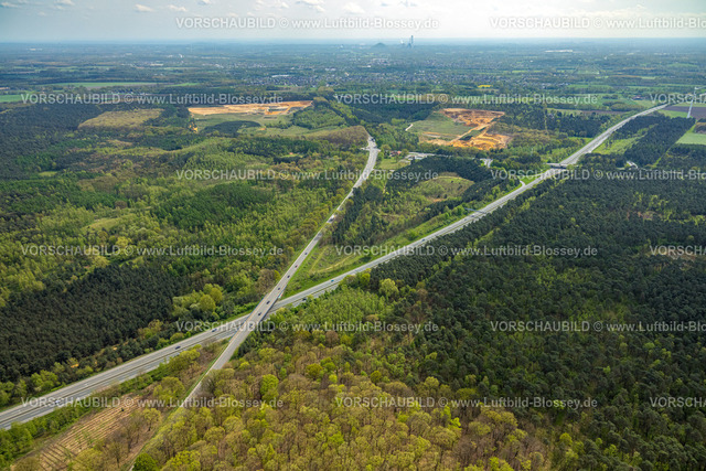 Schermbeck240402081UefterMark | Luftbild, Üfter Mark Waldgebiet mit Borkener Straße Bundesstraße B224 über die Autobahn A31 am Autobahnkreuz Schermbeck und Weseler Straße, hinten die Sandgrube Boer und Tagebau Hennewig, Altschermbeck, Schermbeck, Münsterland, Nordrhein-Westfalen, Deutschland