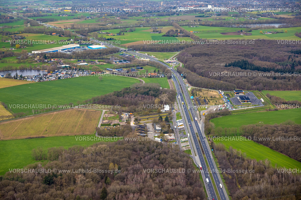 Emmerich230300461 | Luftbild, Autobahn A3 / A12, Raststätte Knauheide, Grenzübergang Deutschland-Niederlande, Feldhuisen, Emmerich am Rhein, Niederrhein, Nordrhein-Westfalen, Deutschland