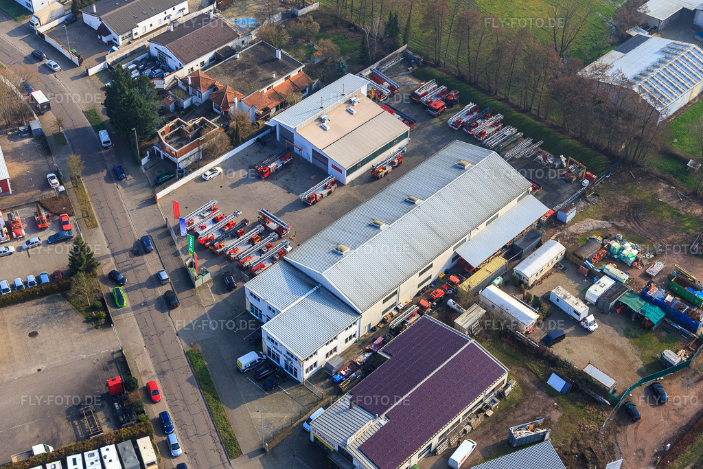 Luftbild: Barthelsmühlring mit Drehleiter-Werkstatt Beitel und Stier GmbH, Ronnys Folienwelt GmbH und Liquid Hydraulik GmbH im Ortsteil Minderslachen in Kandel im Bundesland Rheinland-Pfalz in Deutschland. Foto: IMG_104697.jpg vom 08.02.2018 durch Werner Riehm/FLY-FOTO.deWWW.DREHLEITER-WERKSTATT.DE