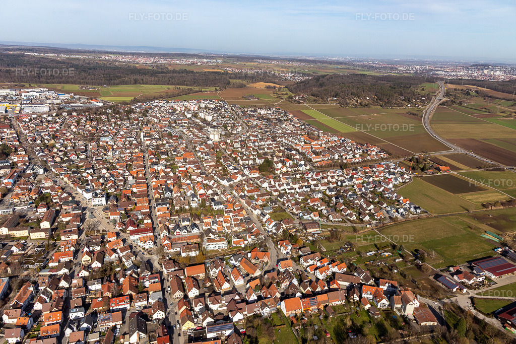 Luftbild: Ortsansicht aus Süden in Renningen im Bundesland Baden-Württemberg in Deutschland. Foto: IMG_125082.jpg vom 20.02.2021 durch Werner Riehm/FLY-FOTO.de