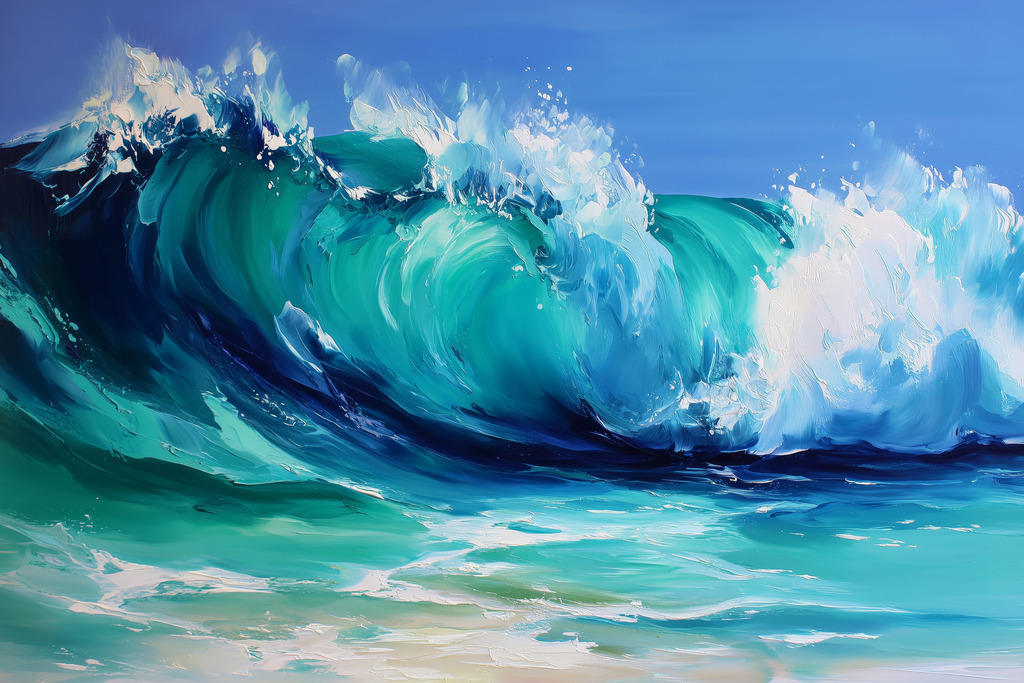 2512002 - Dramatische Welle in Türkis und Blau | Dieses Werk fängt die immense Kraft und Bewegung einer brechenden Welle mit außergewöhnlicher Lebendigkeit ein. Im Zentrum dominiert eine massive, sich krümmende Welle, deren Wasser in intensiven Türkis-, Cyan- und Tiefblautönen leuchtet.