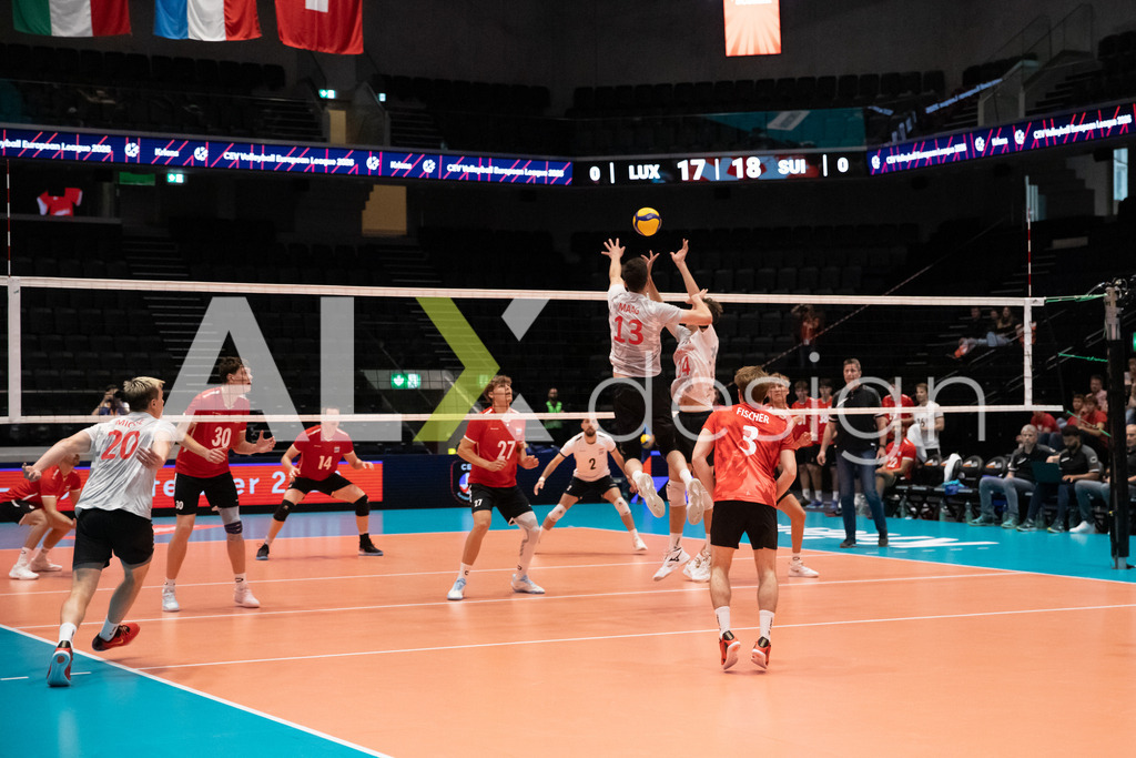 Luxembourg v Switzerland - CEV European League Men | KRIENS, SWITZERLAND - JUNE 12: FABRICE EGGER of Switzerland and SIMON MAAG of Switzerland attack / spike during the CEV European League match between Luxembourg and Switzerland at Pilatus Arena on June 12, 2026 in Kriens, Switzerland. - Realisiert mit Pictrs.com