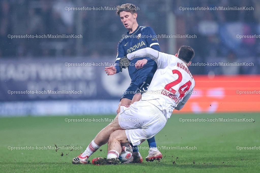 BOC20022601020 | 20.02.2026, Fußball, VfL Bochum - 1. FC Nürnberg, 2. Fußball Bundesliga, 23. Spieltag, Vonovia Ruhrstadion, Saison 2025 2026: Luka Lochoshvili&nbsp;(1FC Nuernberg #24) im Zweikampf gegen  Oliver Olsen (VfL Bochum #13)  DFB regulations prohibit any use of photographs as image sequences and or quasi-video.