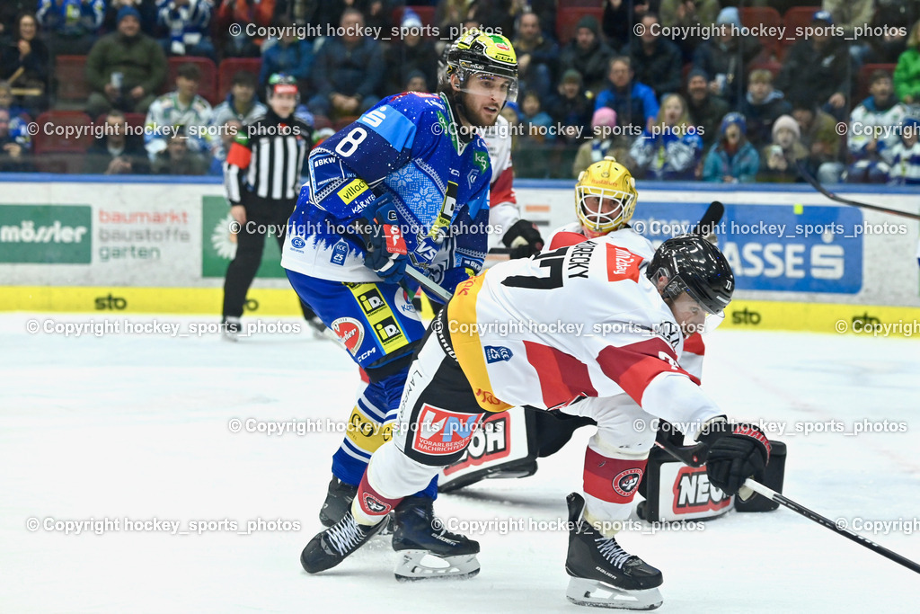 EC IDM Wärmepumpen VSV vs. Pioneers Vorarlberg | #8 Rebernig Maximilian EC VSV, #77 Korecky Ivan PIONEERS VORARLBERG, #30 Caffi Alex PIONEERS VORARLBERG, EC IDM Wärmepumpen VSV vs. Pioneers Vorarlberg, EC IDM Wärmepumpen VSV vs. Pioneers Vorarlberg am 14.12.2024 in Villach (Stadthalle Villach), Austria, (Photo by Bernd Stefan)