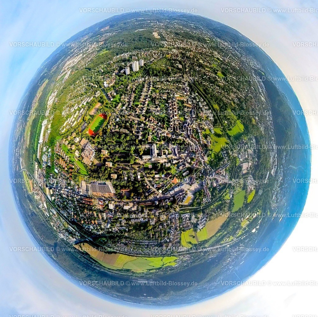 Hagen230990055 Helfe | Luftbild, Ortsansicht Ortsteil Helfe, kath. Krankenhaus Hagen St.-Johannes-Hospital, Bezirkssportanlage Helfe mit Fritz-Steinhoff-Gesamtschule,  Erdkugel, Fisheye Aufnahme, Fischaugen Aufnahme, 360 Grad Aufnahme, tiny world, Boele, Hagen, Ruhrgebiet, Nordrhein-Westfalen, Deutschland