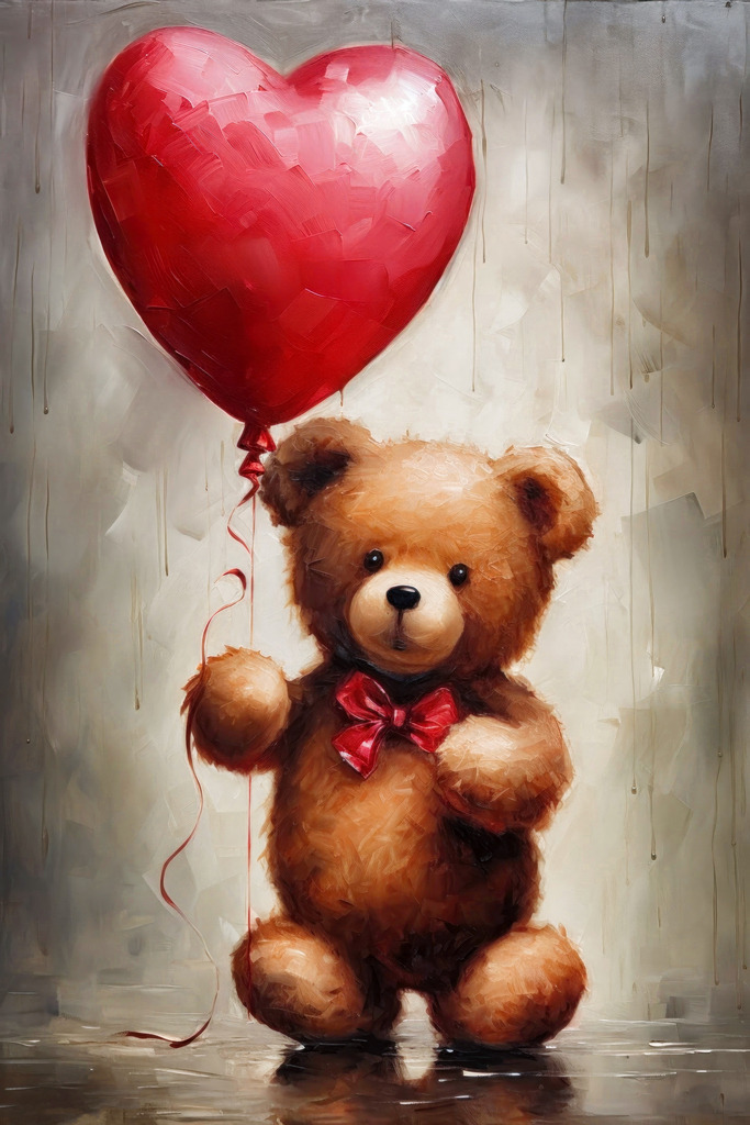 2312012 - Verliebter Teddybär | Ein Teddybär mit einem Herz-Luftballon im Stil eines Gemäldes.