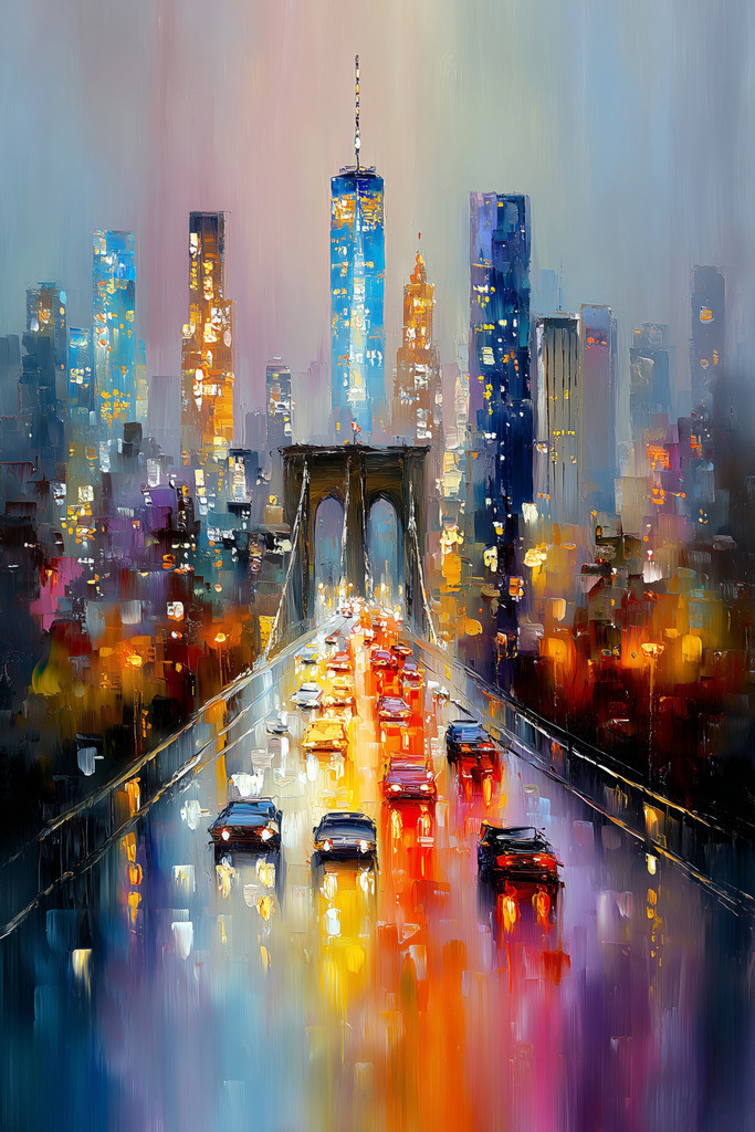 2602056 - Nachtfahrt nach Manhattan | Leuchtende Autoscheinwerfer spiegeln sich auf nassem Asphalt, während die Skyline von New York im Dunst der Nacht erstrahlt. Dynamische Pinselstriche und intensive Farbkontraste verleihen dieser urbanen Szene eine kraftvolle, zeitgenössische Ausstrahlung.