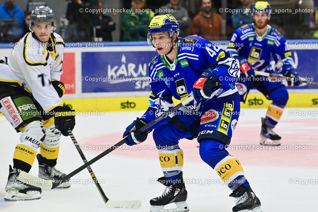 EC IDM Wärmepumpen VSV vs. HC Pustertal 8.10.2023 | #77 EGE Wyatt HC Pustertal, #42 LANZINGER Benjamin EC VSV,  EC IDM Wärmepumpen VSV vs. HC Pustertal 8.10.2023, EC IDM Wärmepumpen VSV vs. HC Pustertal am 08.10.2023 in Villach (Stadthalle Villach), Austria, (Photo by Bernd Stefan)