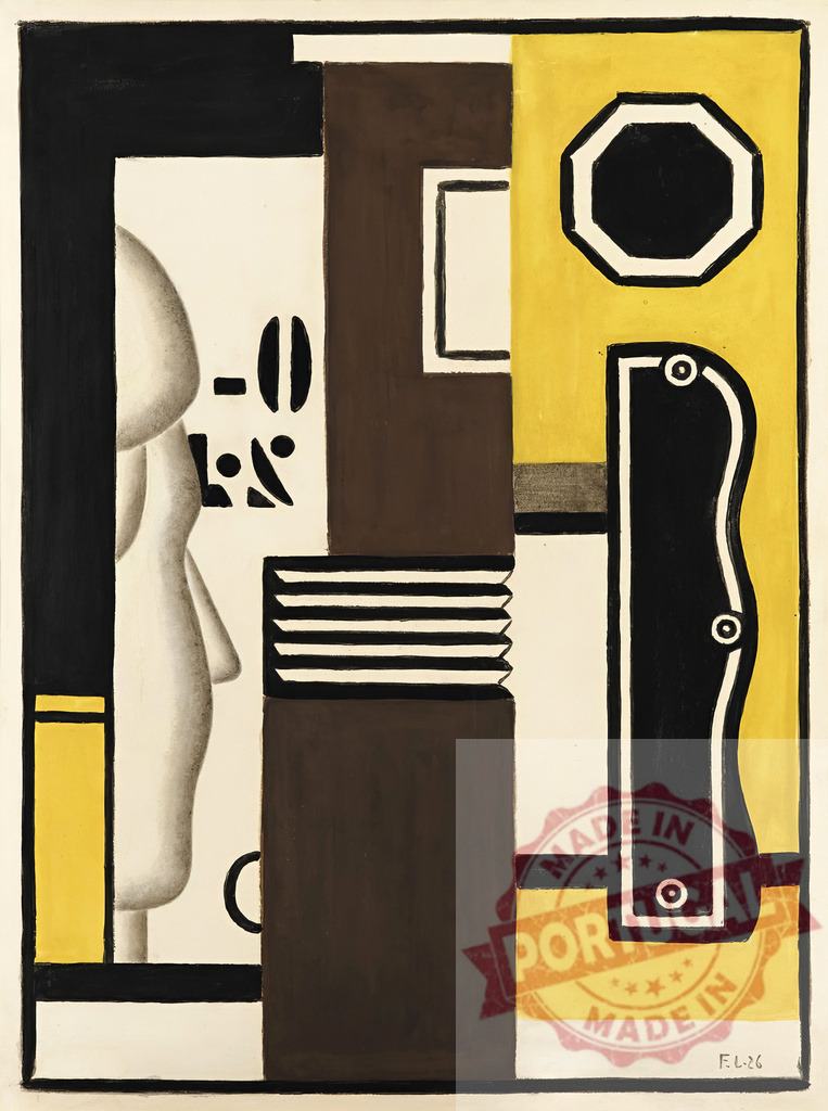 Fernand Léger style modern abstract cubism art painting | Fernand Leger Abstract painting showing a figure, machine elements, and geometric shapes in black, yellow, and brown - Realisiert mit Pictrs.com