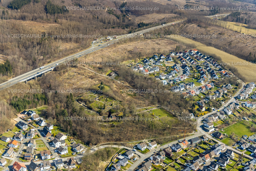 Arnsberg220302011 | Luftbild, Wohnsiedlung Bruchhauser Hude und Friedhof Bruchhausen an der Autobahn A46 mit Rastplatz Bruchhauser Höhe in Bruchhausen, Arnsberg, Sauerland, Nordrhein-Westfalen, Deutschland