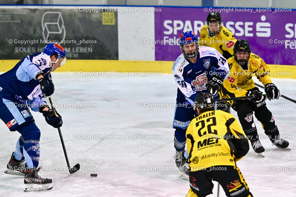 ESC Steindorf vs. EC Hornets Spittal 20.2.2024 | #18 Pewal Martin ESC Steindorf, #69 Kreuzer Philipp ESC Steindorf, #22 Thaler Tim EC Hornets Spittal, #14 Stele Florian EC Hornets Spittal, ESC Steindorf vs. EC Hornets Spittal 20.2.2024, ESC Steindorf vs. EC Hornets Spittal 20.2.2024 am 20.02.2024 in Steindorf (Ossiachersee Halle), Austria, (Photo by Bernd Stefan)