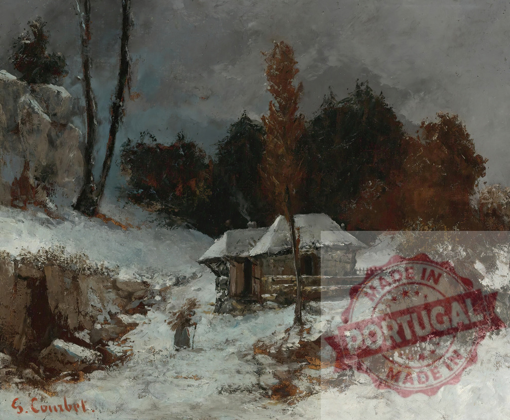 Gustave Courbet Gustave Courbet winter landscape of a rural cabin and figure | Woman carrying firewood walking towards a snow-covered cabin in a winter landscape painting - Realisiert mit Pictrs.com