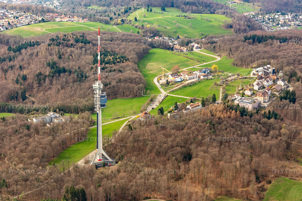 Aerial view: St. Chrischona TV tower in the canton of Basel in Bettingen in the state Basel city, Switzerland.Photo: IMG_120208.jpg taken on 03/17/2020 by Werner Riehm/FLY-FOTO.comResolution of the original: 5439 x 3626 px