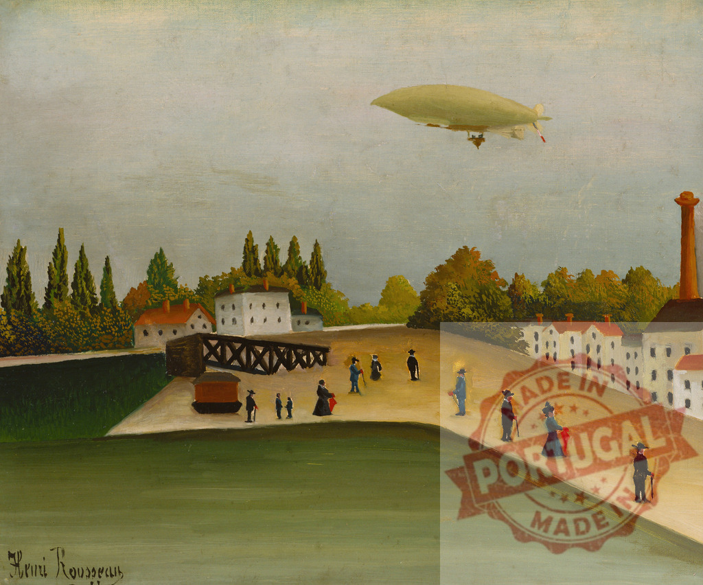 Henri Rousseau inspired landscape with dirigible flying over settlement. Henri Rousseau | Dirigible flying over a quaint landscape with people walking along a path and residential buildings - Realized with Pictrs.com