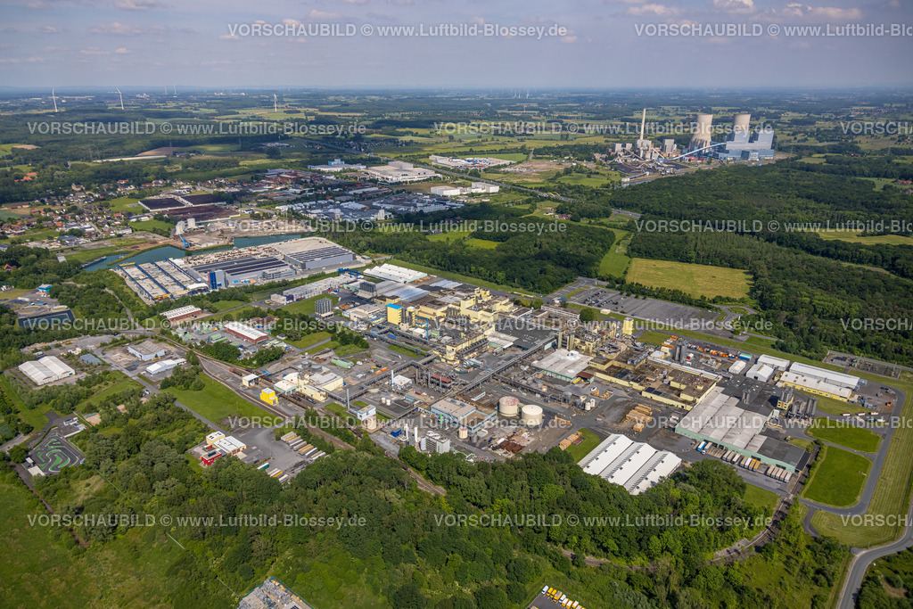 Hamm220504501 | Luftbild, Gewerbegebiet Trianelstraße und K'Park-Straße mit DuPont und DuBay Polymer, im Hintergrund RWE Kraftwerk Westfalen, Uentrop, Hamm, Ruhrgebiet, Nordrhein-Westfalen, Deutschland