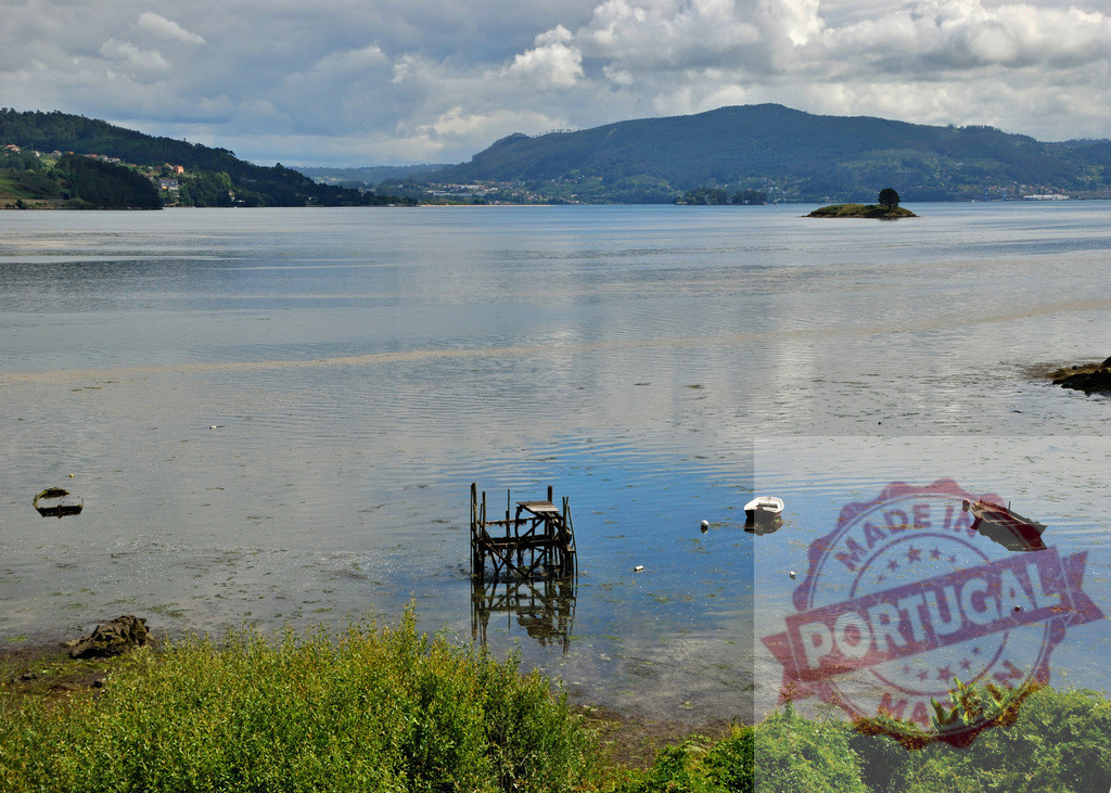 Estuary landscape with boats, island, and distant mountains. Galicia - Spain | Boats and an old wooden pier sitting in a calm estuary with an island and distant mountains - Realized with Pictrs.com