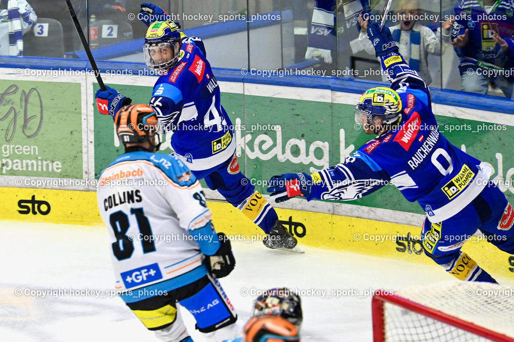 EC IDM Wärmepumpen VSV vs. STEINBACH BLACK WINGS LINZ | Jubel EC VSV Mannschaft, #46 WALL Alex EC VSV, #9 RAUCHENWALD Alexander EC VSV, EC IDM Wärmepumpen VSV vs. STEINBACH BLACK WINGS LINZ, EC IDM Wärmepumpen VSV vs. STEINBACH BLACK WINGS LINZ am 25.10.2024 in Villach (Stadthalle Villach), Austria, (Photo by Bernd Stefan)