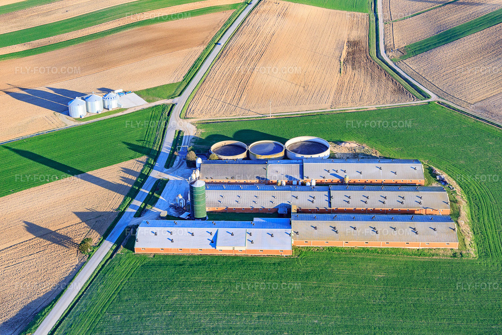 Aerial view: Halls for pig farming with biogas plant in Wintzenbach in the state Bas-Rhin, France. – Photo: IMG_097855.jpg taken on 03/27/2017 by Werner Riehm/FLY-FOTO.com – Resolution of the original: 5198 x 3465 px