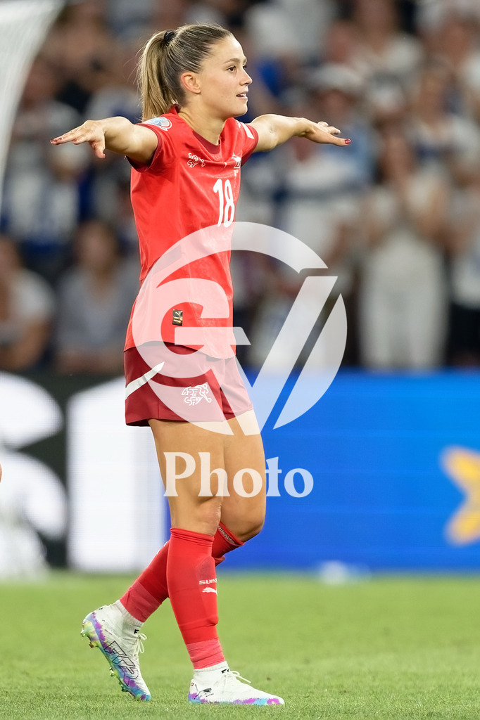 Finland v Switzerland: UEFA Women's EURO 2025 Group A | GENEVA, SWITZERLAND - JULY 10: Viola Calligaris of Switzerland celebrates after winning  during the UEFA Women's EURO 2025 Group A match between Finland and Switzerland at Stade de Geneve on July 10, 2025 in Geneva, Switzerland. (Photo by Giuseppe Velletri/Sports Press Photo/Getty Images)