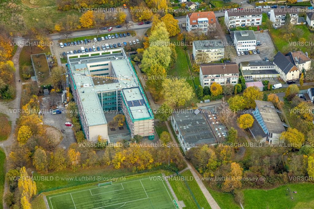 Hagen251101290 | Luftbild, Schule Theodor-Heuss-Gymnasium und Sporthalle, Baustelle mit Baugerüst, herbstliche Bäume, Altenhagen, Hagen, Ruhrgebiet, Nordrhein-Westfalen, Deutschland
