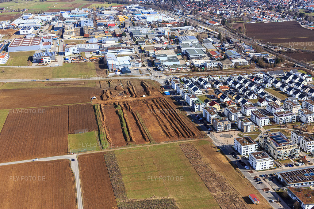 Luftbild: Erschliessung Neubaugebiet Maikäferweg in Renningen im Bundesland Baden-Württemberg in Deutschland. Foto: IMG_124915.jpg vom 20.02.2021 durch Werner Riehm/FLY-FOTO.de