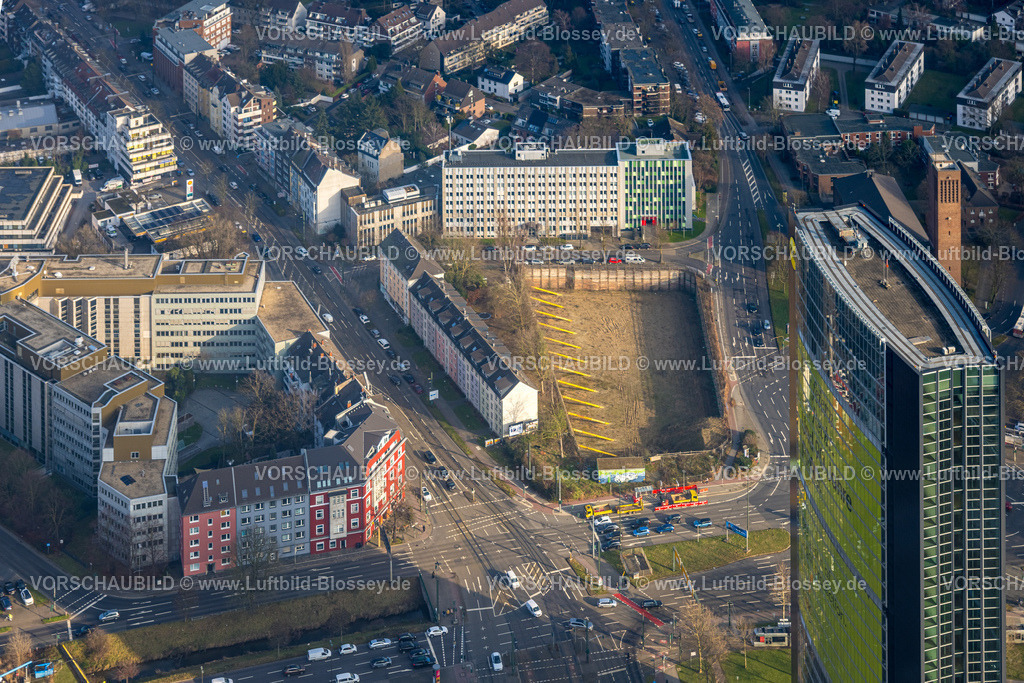 Duesseldorf260100343 | Luftbild, Straßenkreuzung mit Baustelle an der Sankt-Franziskus-Straße Ecke Heinrichstraße, Bundesanstalt für Immobilienaufgaben Hochhaus, Mörsenbroich, Düsseldorf, Ruhrgebiet, Nordrhein-Westfalen, Deutschland
