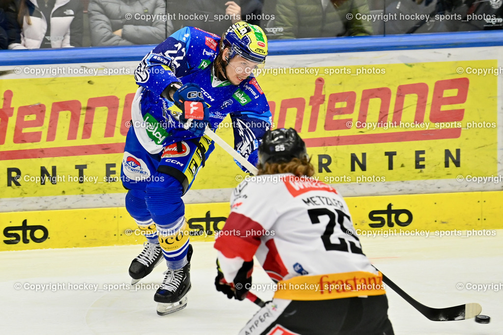 EC IDM Wärmepumpen VSV vs. Pioneers Vorarlberg | #22 SCHERBAK Nikita EC VSV, #25 Metzler Julian PIONEERS VORARLBERG, EC IDM Wärmepumpen VSV vs. Pioneers Vorarlberg, EC IDM Wärmepumpen VSV vs. Pioneers Vorarlberg am 14.12.2024 in Villach (Stadthalle Villach), Austria, (Photo by Bernd Stefan)