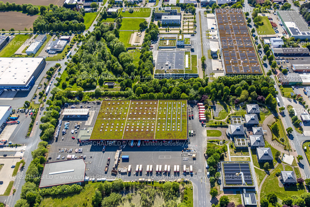 Hamm250500714Druckzentrum_DEX | Luftbild, Dachdeckereinkauf, DEX, Rhynern, Dachbegrünung, Hamm , Ruhrgebiet, Nordrhein-Westfalen, Deutschland