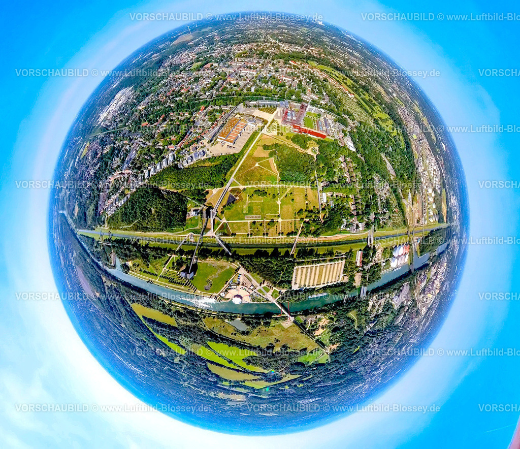 Gelsenkirchen240890547NordSternPark | Luftbild, Nordsternpark Landschaftspark, Herkules von Gelsenkirchen Figur, Statue und Skulptur vom Künstler Markus Lüpertz auf dem Nordsternturm, Förderturm, Fluss Emscher und Rhein-Herne-Kanal, Erdkugel, Fisheye Aufnahme, Fischaugen Aufnahme, 360 Grad Aufnahme, tiny world, little planet, fisheye Bild, Heßler, Gelsenkirchen, Ruhrgebiet, Nordrhein-Westfalen, Deutschland