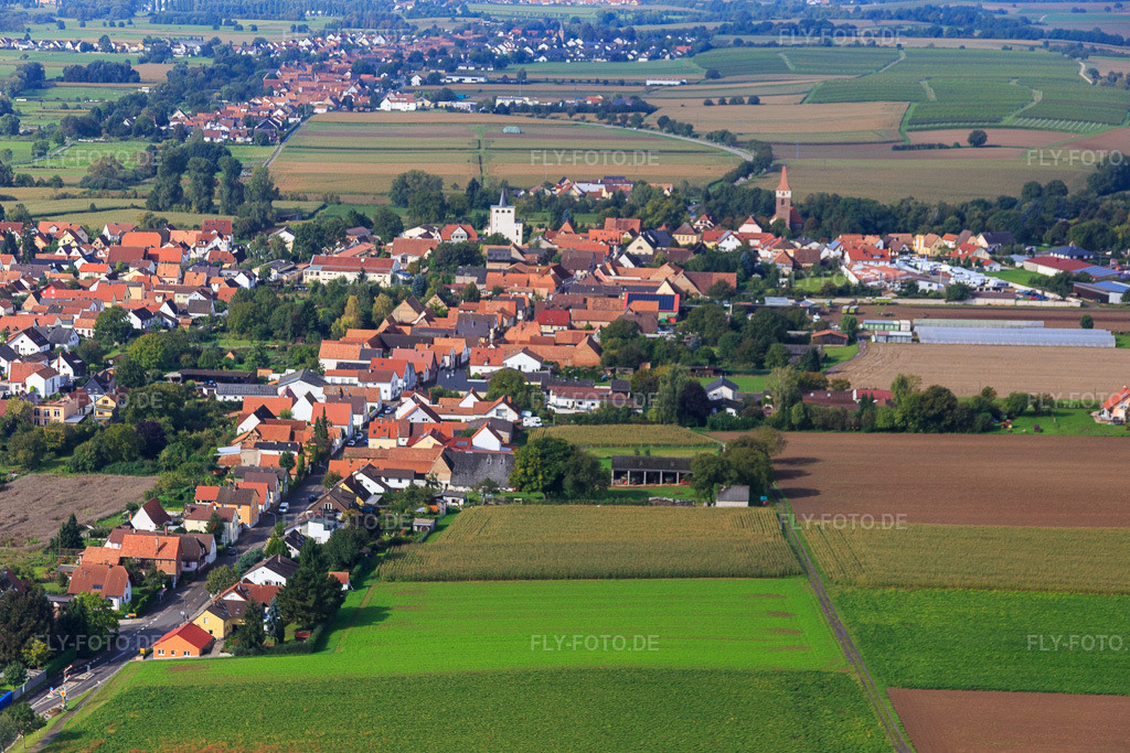 Luftbild: Hauptstraße von Osten in Minfeld im Bundesland Rheinland-Pfalz in Deutschland. Foto: IMG_072512.jpg vom 19.09.2014 durch Werner Riehm/FLY-FOTO.de