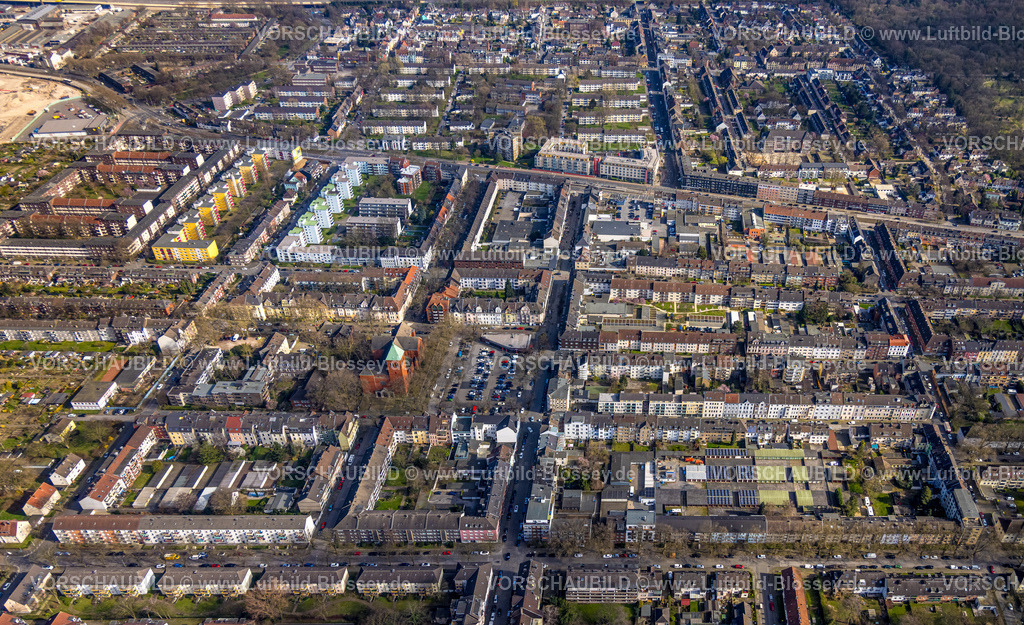 Duisburg240303658 | Luftbild, Wohngebiet Ortsteil Wanheimerort mit kath. St. Michael Kirche, Wanheimerort, Duisburg, Ruhrgebiet, Nordrhein-Westfalen, Deutschland, Duisburg-S