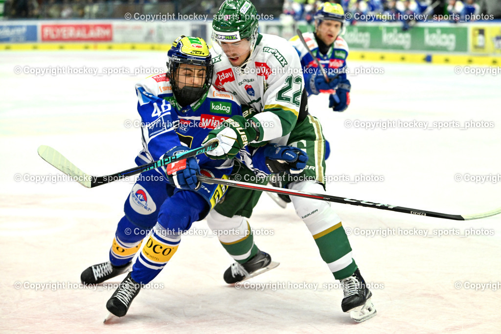 EC IDM WÄRMEPUMPEN VSV vs. FTC-TELEKOM JÉGKORONG | #46 Paul Sintschnig EC VSV, #22 Milan Horvath FTC-Telekom, EC IDM WÄRMEPUMPEN VSV vs. FTC-TELEKOM JÉGKORONG, EC IDM WÄRMEPUMPEN VSV vs. FTC-TELEKOM JÉGKORONG am 19.10.2025 in Villach (Stadthalle Villach), Austria, (Photo by Bernd Stefan)