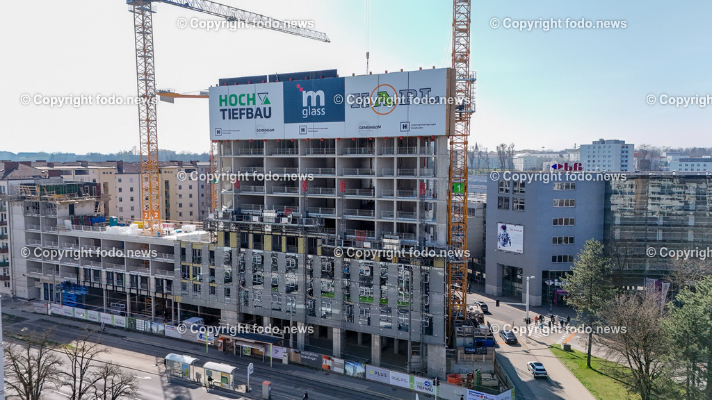 Linz_ Baustelle High Five_ Bulgariplatz_ 20.03.2024-1 | 20.03.2024, Linz,  AUT, Bulgarieplatz, im Bild Baustelle High Five, Hochhaus, Gebaeude, Drohne